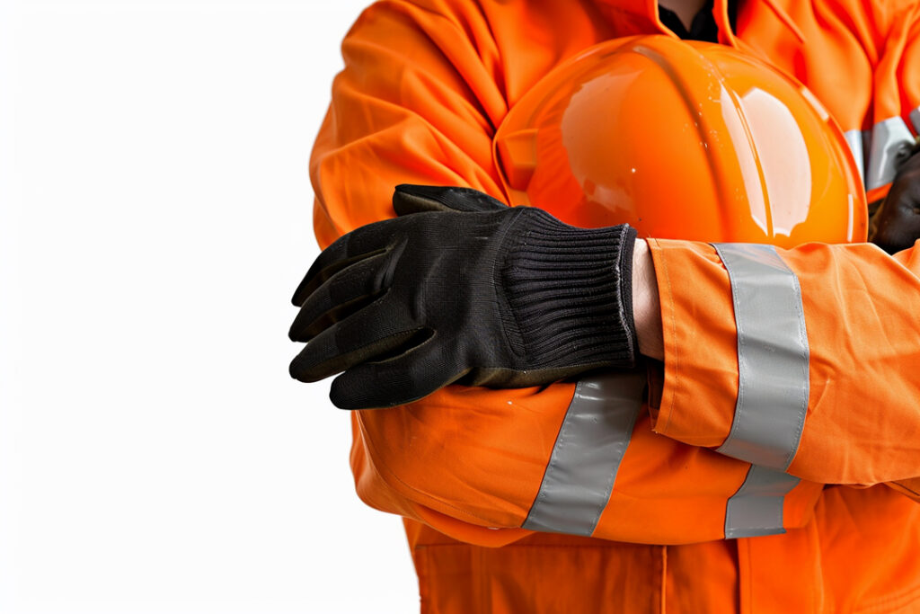 Profissional usando vestimenta de alta visibilidade e luvas de proteção, segurando capacete de segurança em ambiente industrial.
