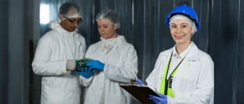 tecnicos de laboratorio usando trajes de proteção, luvas de latex ecapacete. 