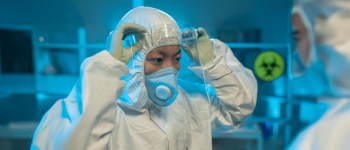 Pessoa usando vestimenta de proteção com capuz, mascara, luvas de latex e óculos de proteção em um laboratorio. 