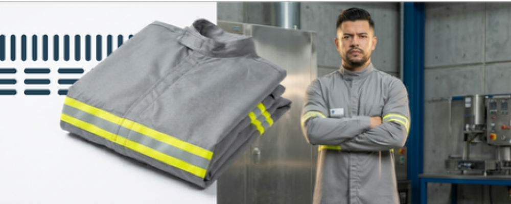 Imagem dividida: à esquerda, uma jaqueta cinza de proteção antichama dobrada com faixas refletivas amareladas; à direita, um homem de braços cruzados vestindo a mesma peça de uniforme em um ambiente industrial.