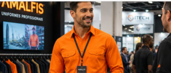 Um homem sorridente vestindo camisa social laranja de mangas compridas e crachá conversa com outra pessoa em um estande de feira de negócios da Amalfis Uniformes Profissionais.