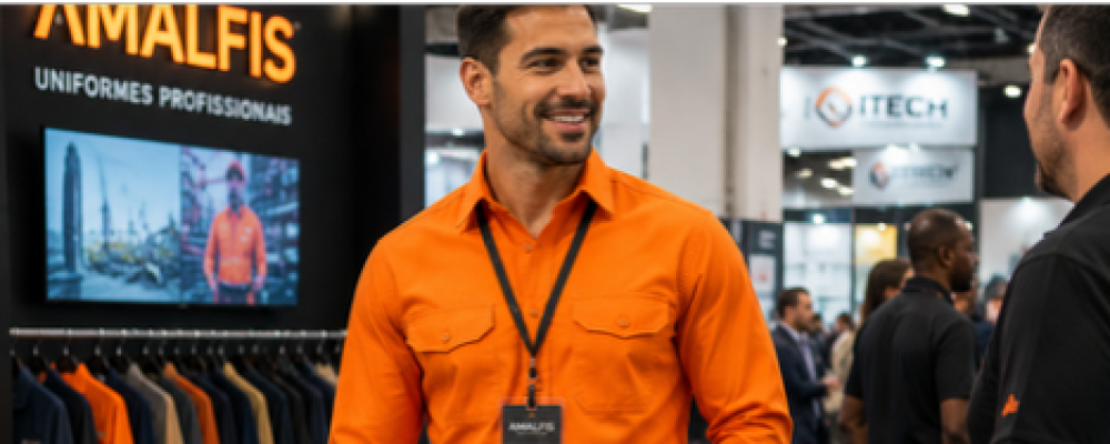 Um homem sorridente vestindo camisa social laranja de mangas compridas e crachá conversa com outra pessoa em um estande de feira de negócios da Amalfis Uniformes Profissionais.