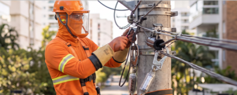 Eletricista com vestimenta de proteção contra arco elétrico em poste de energia