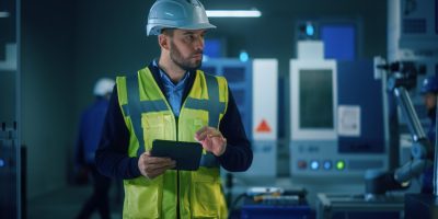 Engenheiro com capacete branco e colete refletivo operando tablet em fábrica