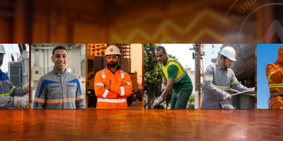 Painel com seis fotos de profissionais de diferentes setores industriais utilizando variados tipos de uniformes e EPIs de proteção.