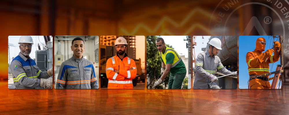 Painel com seis fotos de profissionais de diferentes setores industriais utilizando variados tipos de uniformes e EPIs de proteção.