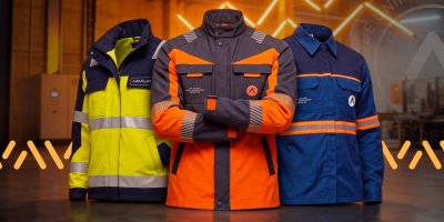 Três uniformes profissionais e jaquetas de proteção Amalfis expostos: um amarelo neon reflexivo à esquerda, um laranja e cinza com logomarca central, e um azul com detalhes laranja à direita.