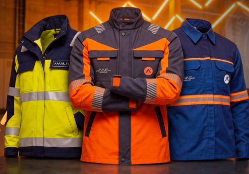 Três uniformes profissionais e jaquetas de proteção Amalfis expostos: um amarelo neon reflexivo à esquerda, um laranja e cinza com logomarca central, e um azul com detalhes laranja à direita.