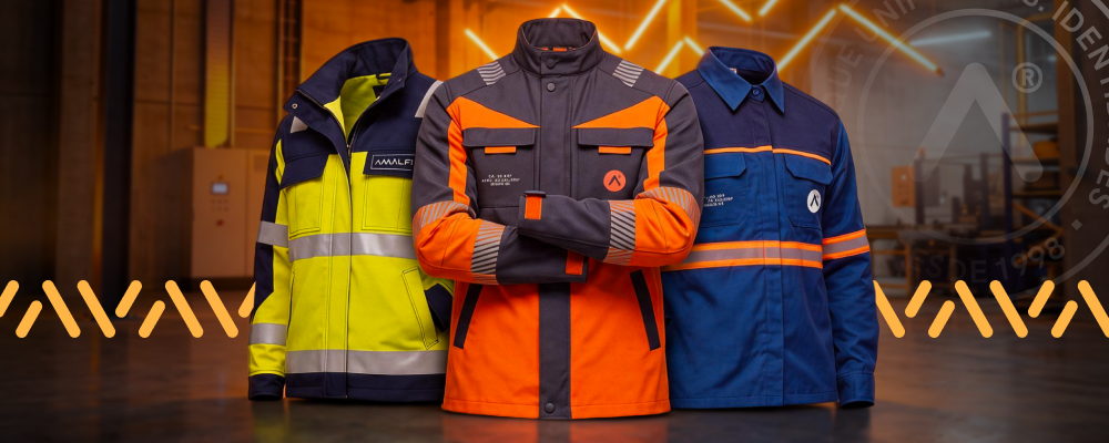 Três uniformes profissionais e jaquetas de proteção Amalfis expostos: um amarelo neon reflexivo à esquerda, um laranja e cinza com logomarca central, e um azul com detalhes laranja à direita.