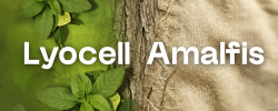 Imagem mostra fundo colorido com elementos naturais como folhas verdes, tronco de arvore e tecido macio.  ao centro está escrito Lyocell Amalfis em destaque.