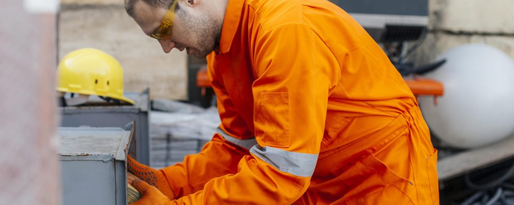 Trabalhador com macacão laranja, óculos de proteção e luvas manuseando equipamentos