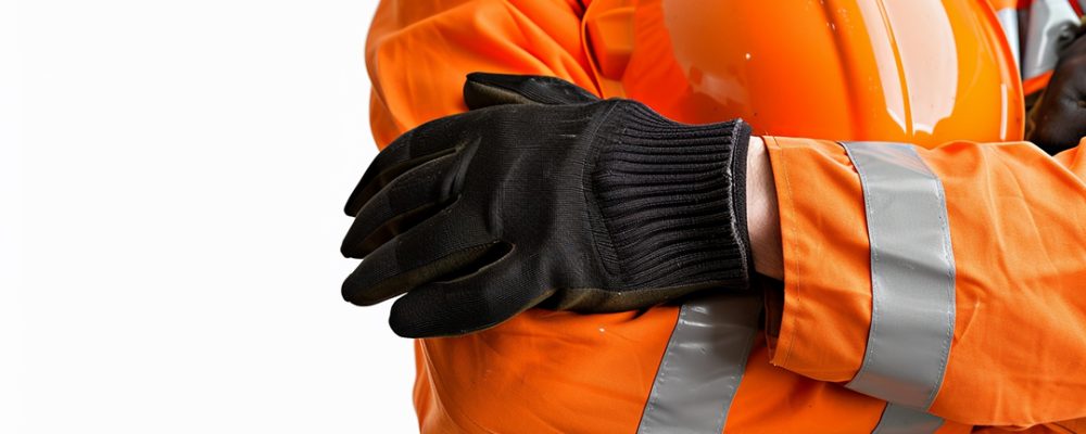 Profissional usando vestimenta de alta visibilidade e luvas de proteção, segurando capacete de segurança em ambiente industrial.